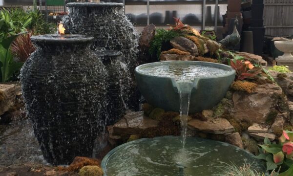 Stacked slate urns and spillway bowls