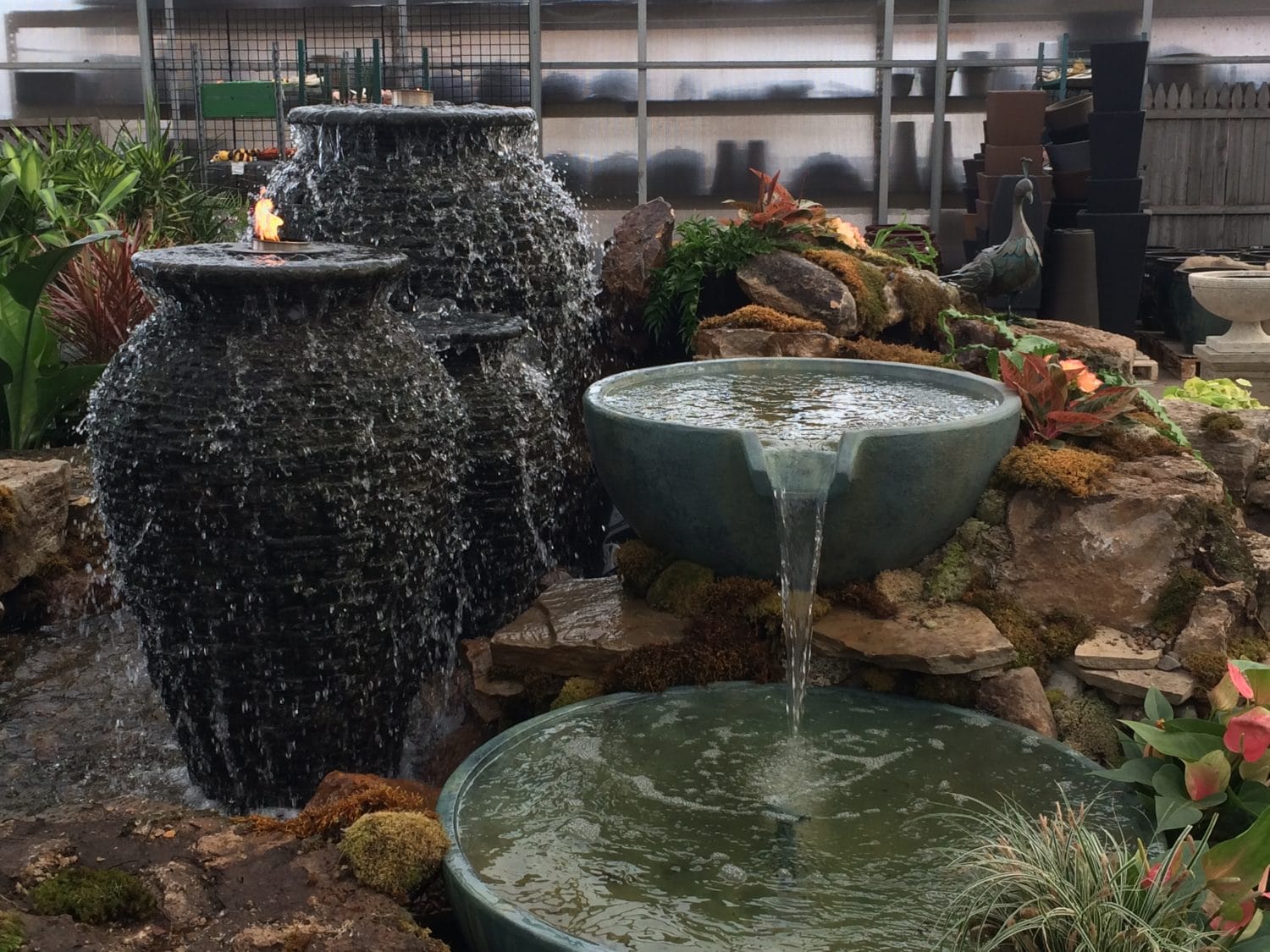 Stacked slate urns and spillway bowls